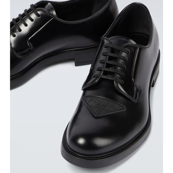 Prada Black Leather Triangle Logo Derby Loafer Lace Up Flat UK 11.5 US 12.5